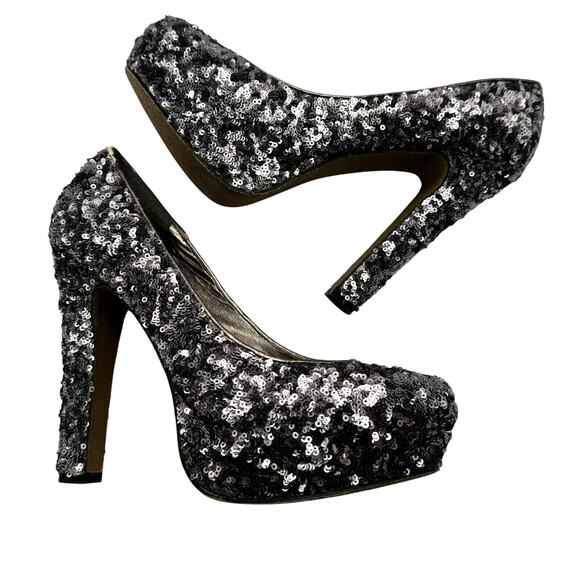 STEVE MADDEN Women's 10 Silver Sequin Platform Ultra High Pinup Heels P-Rebaa‎ - Picture 3 of 10